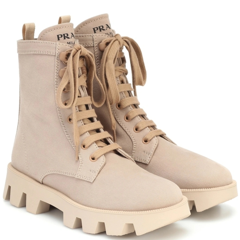 Prada Rocksand Light Beige Washed Denim Canvas Combat Lug Boots Size EU 38.5 - Picture 16 of 16